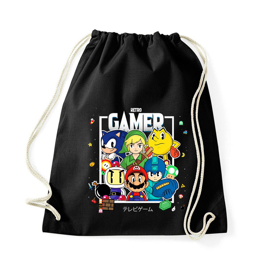 sonic mario zelda pac man megamen bomberman Fekete Tornazsák