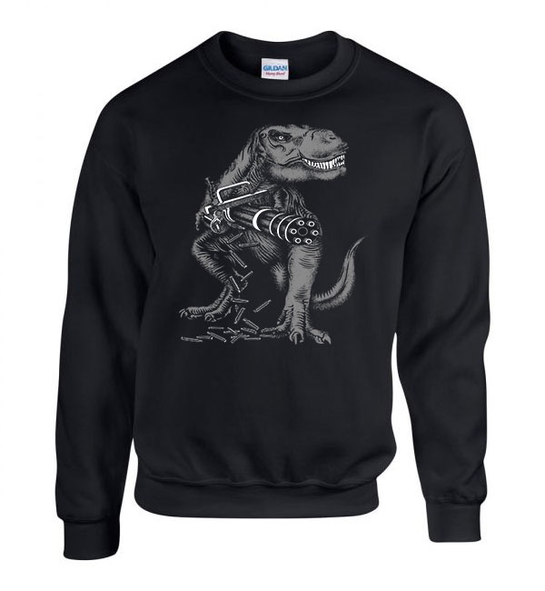 t-rex dino dinosaurus machine gun gépfegyver Fekete Férfi Pulóver