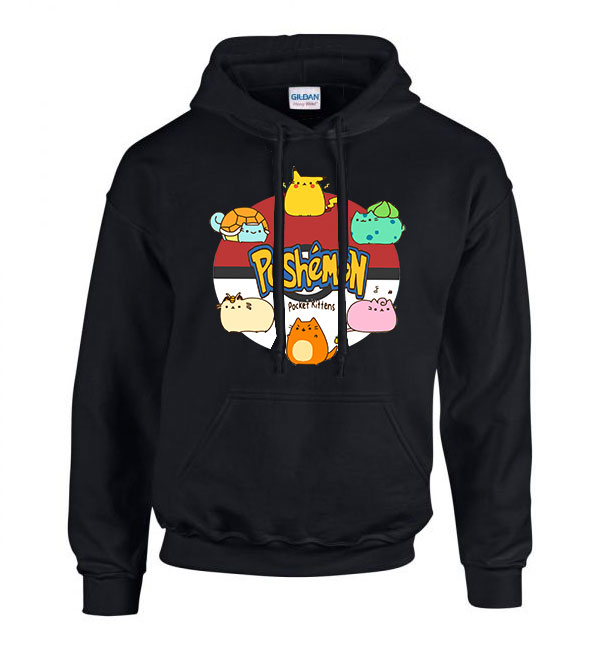 pokemon pusheen macska macskás Fekete Férfi Kapucnis Pulóver