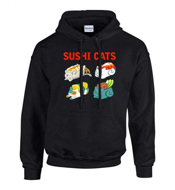 macska macskás cica cicás szusi sushi Fekete Férfi Kapucnis Pulóver