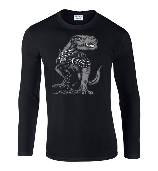 t-rex dino dinosaurus machine gun gépfegyver Fekete Férfi Hosszú Ujjú Póló