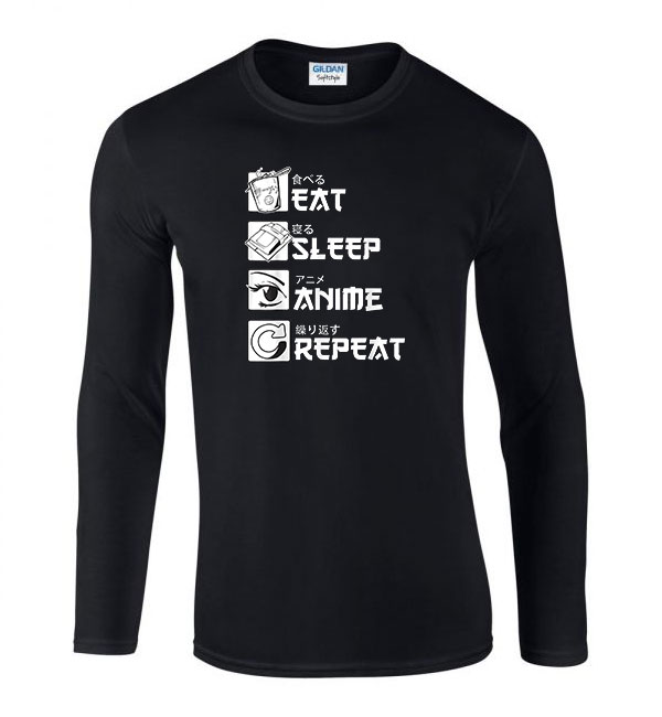 eat sleep anime Fekete Férfi Hosszú Ujjú Póló