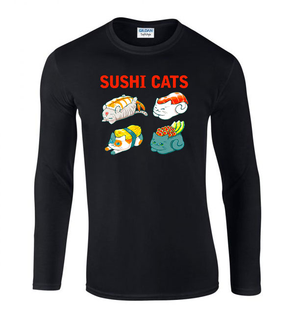 macska macskás cica cicás szusi sushi Fekete Férfi Hosszú Ujjú Póló