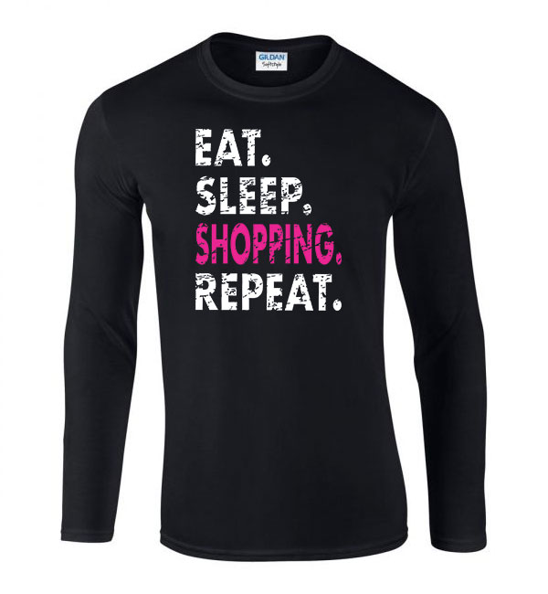 eat sleep shopping shoppingolás Fekete Férfi Hosszú Ujjú Póló