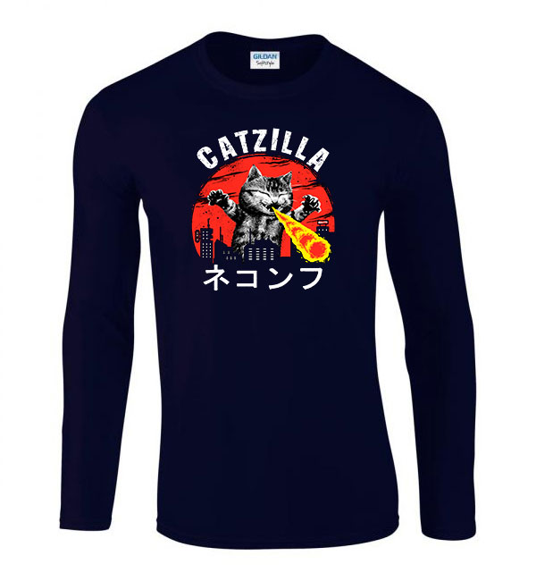 catzilla macska macskás cica cicás Sötétkék Férfi Hosszú Ujjú Póló