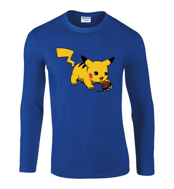Pokemon Pikachu Macska Macskás Kék Férfi Hosszú Ujjú Póló