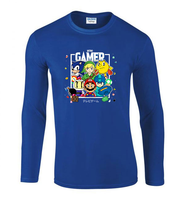 gamer sonic mario pacman zelda Kék Férfi Hosszú Ujjú Póló