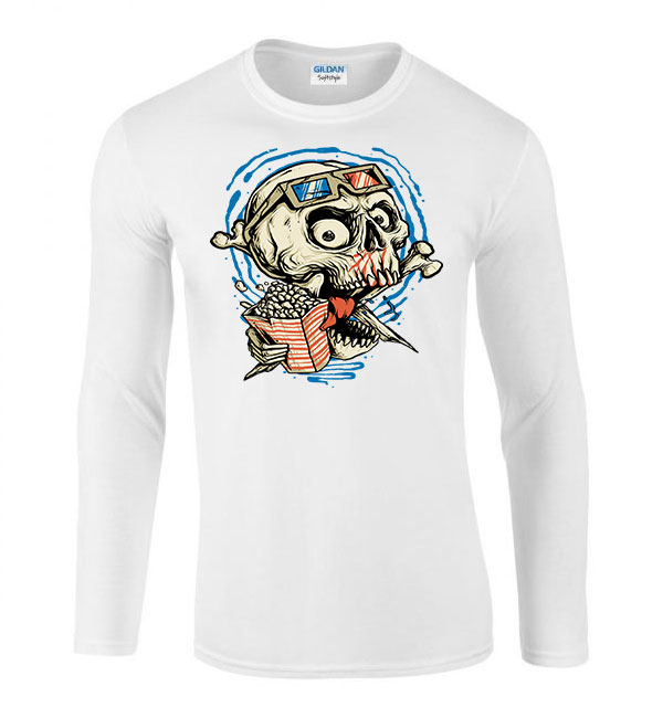 Popcorn Koponya Fehér Férfi Hosszú Ujjú Póló