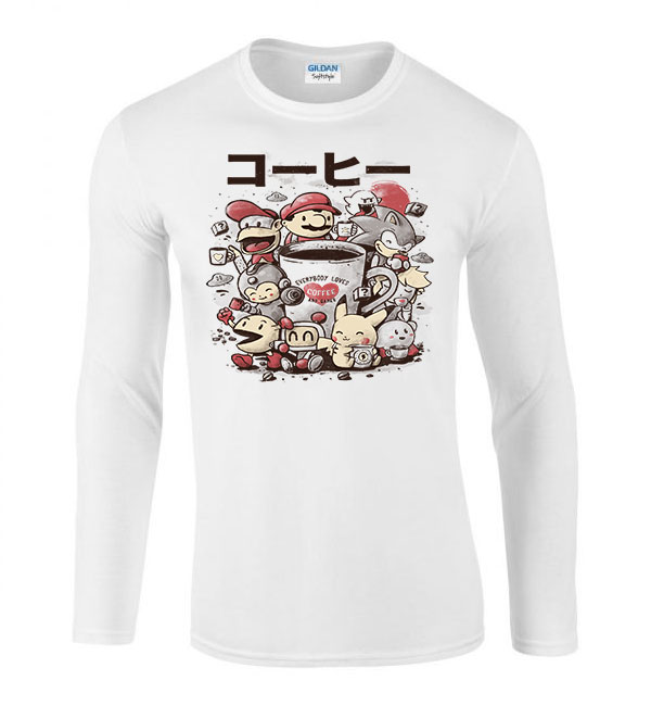 gamer kávé pac man sonic mario pikachu donkey kong Fehér Férfi Hosszú Ujjú Póló