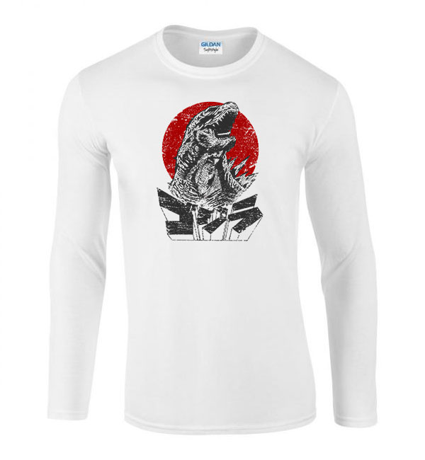 godzilla Fehér Férfi Hosszú Ujjú Póló