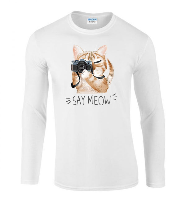 say meow macska macskás cica cicás Fehér Férfi Hosszú Ujjú Póló