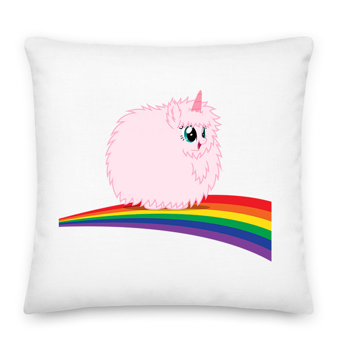 pink fluffy unicorn dancing on rainbow Párnahuzat