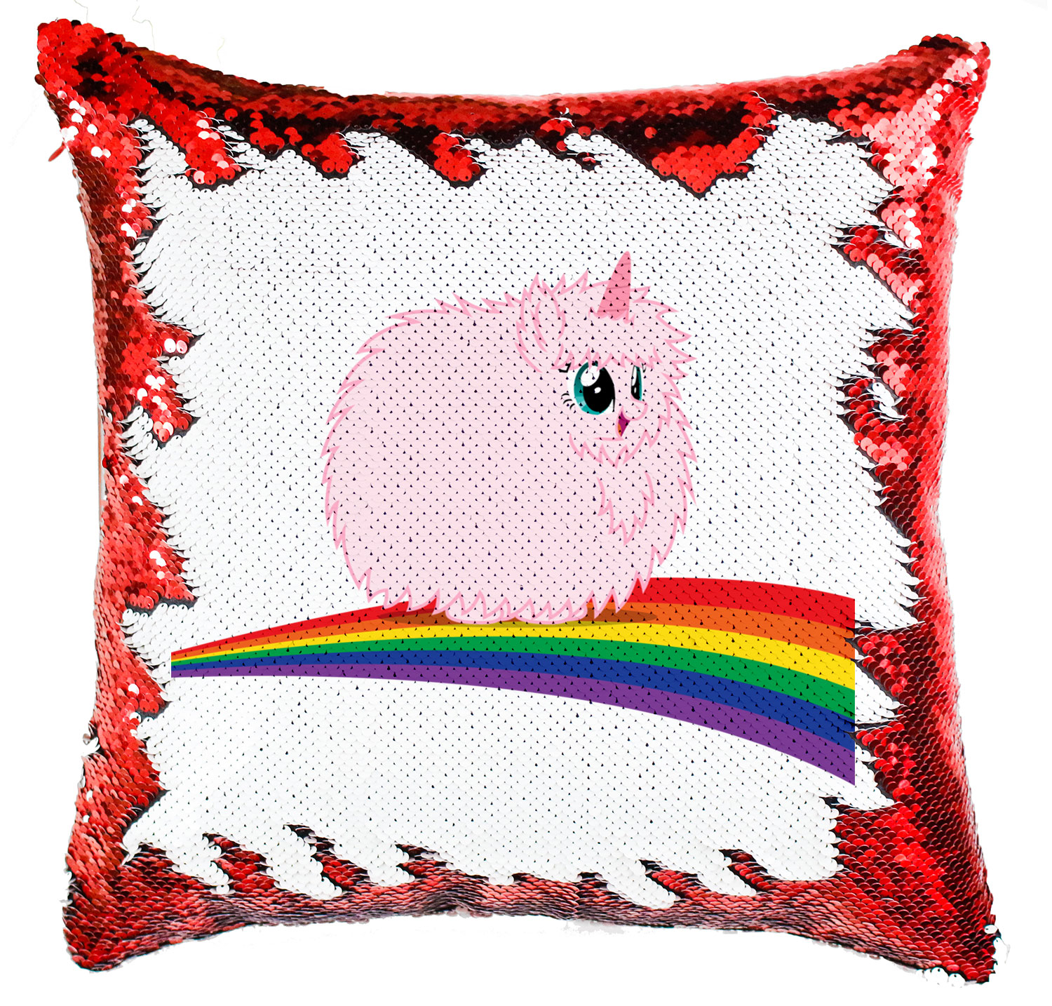 pink fluffy unicorn dancing on rainbow Simiflitteres Párnahuzat