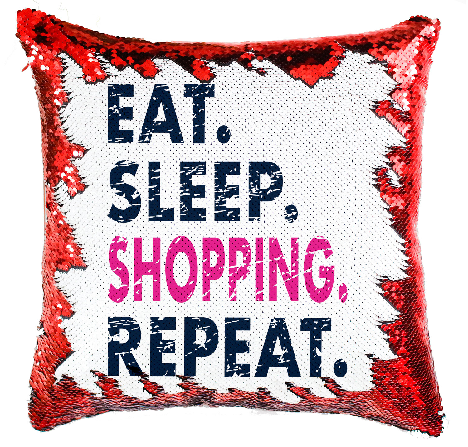 eat sleep shopping shoppingolás Simiflitteres Párnahuzat