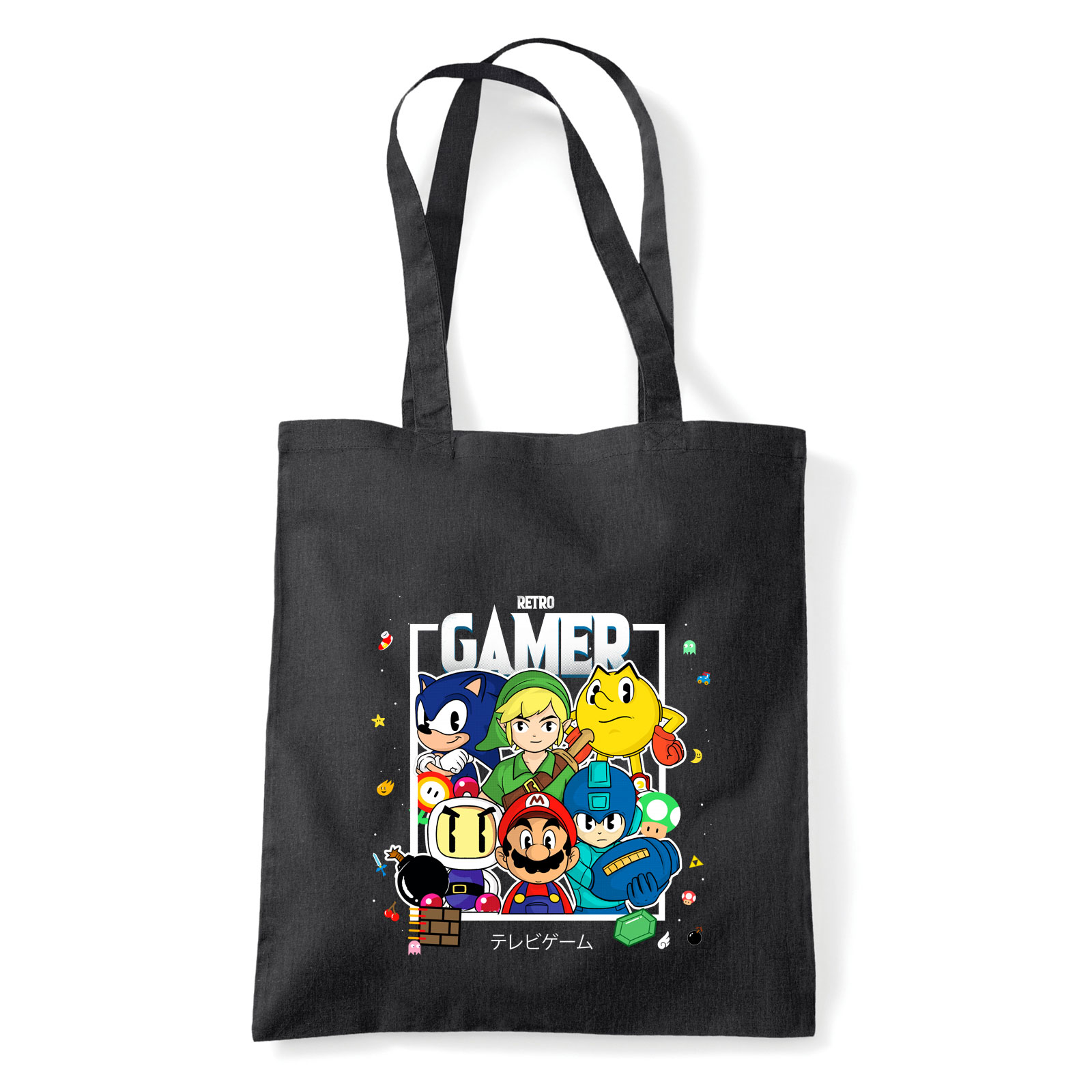 sonic mario zelda pac man megamen bomberman Fekete Shopper Vászontáska
