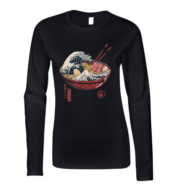 kanagava hullám ramen japán Fekete Női Hosszú Ujjú Póló