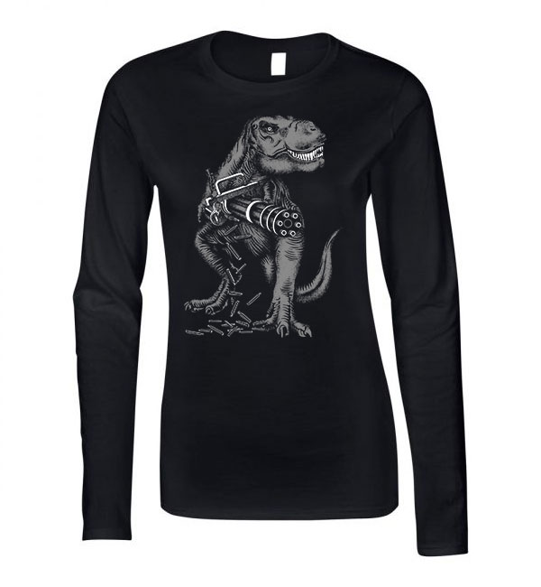 t-rex dino dinosaurus machine gun gépfegyver Fekete Női Hosszú Ujjú Póló