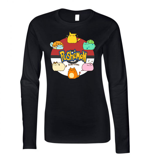 pokemon pusheen macska macskás Fekete Női Hosszú Ujjú Póló