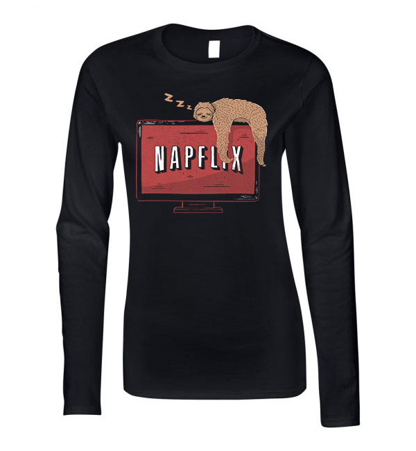 napflix netflix lajhár lusta Fekete Női Hosszú Ujjú Póló