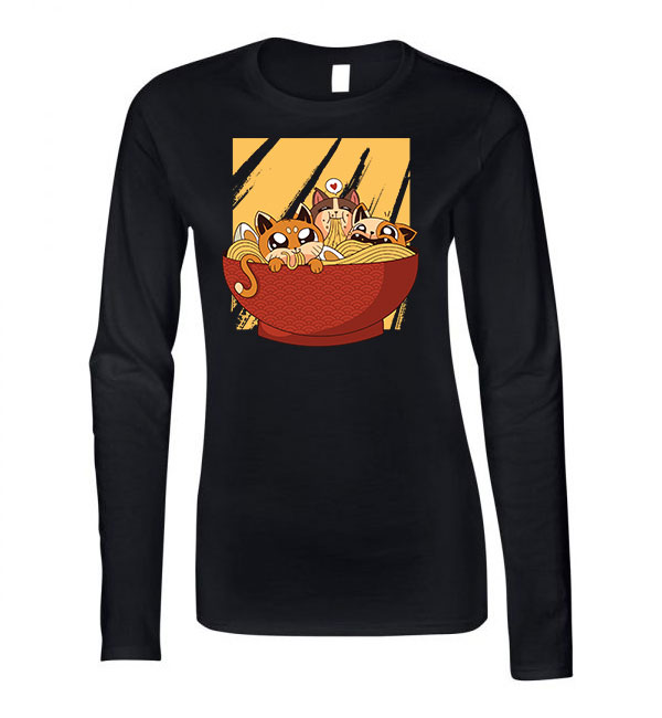 ramen macska macskás cica cicás Fekete Női Hosszú Ujjú Póló
