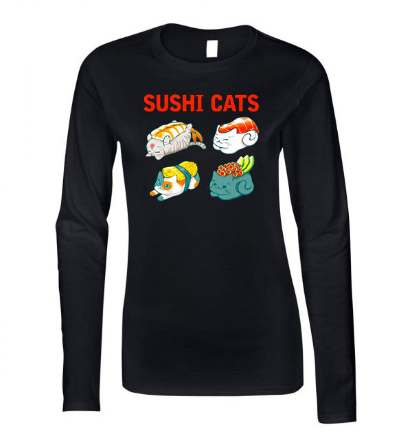 macska macskás cica cicás szusi sushi Fekete Női Hosszú Ujjú Póló