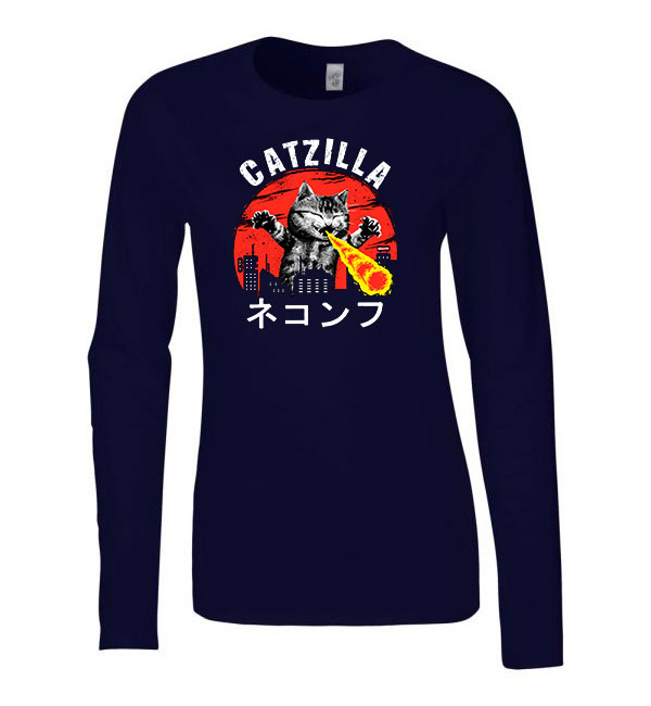 catzilla macska macskás cica cicás Sötétkék Női Hosszú Ujjú Póló