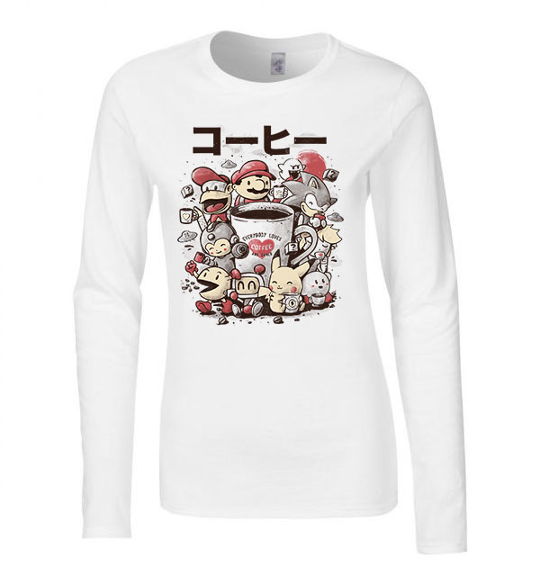 gamer kávé pac man sonic mario pikachu donkey kong Fehér Női Hosszú Ujjú Póló