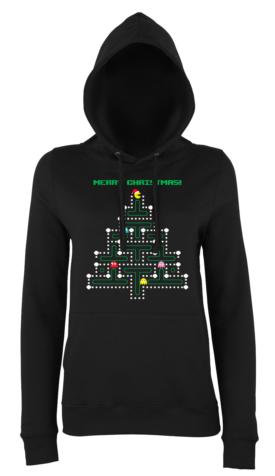pac man karácsony ronda pulcsi Fekete Női Kapucnis Pulóver
