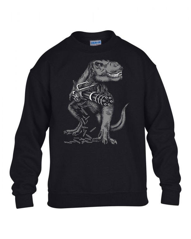 t-rex dino dinosaurus machine gun gépfegyver Fekete Gyerek Pulóver