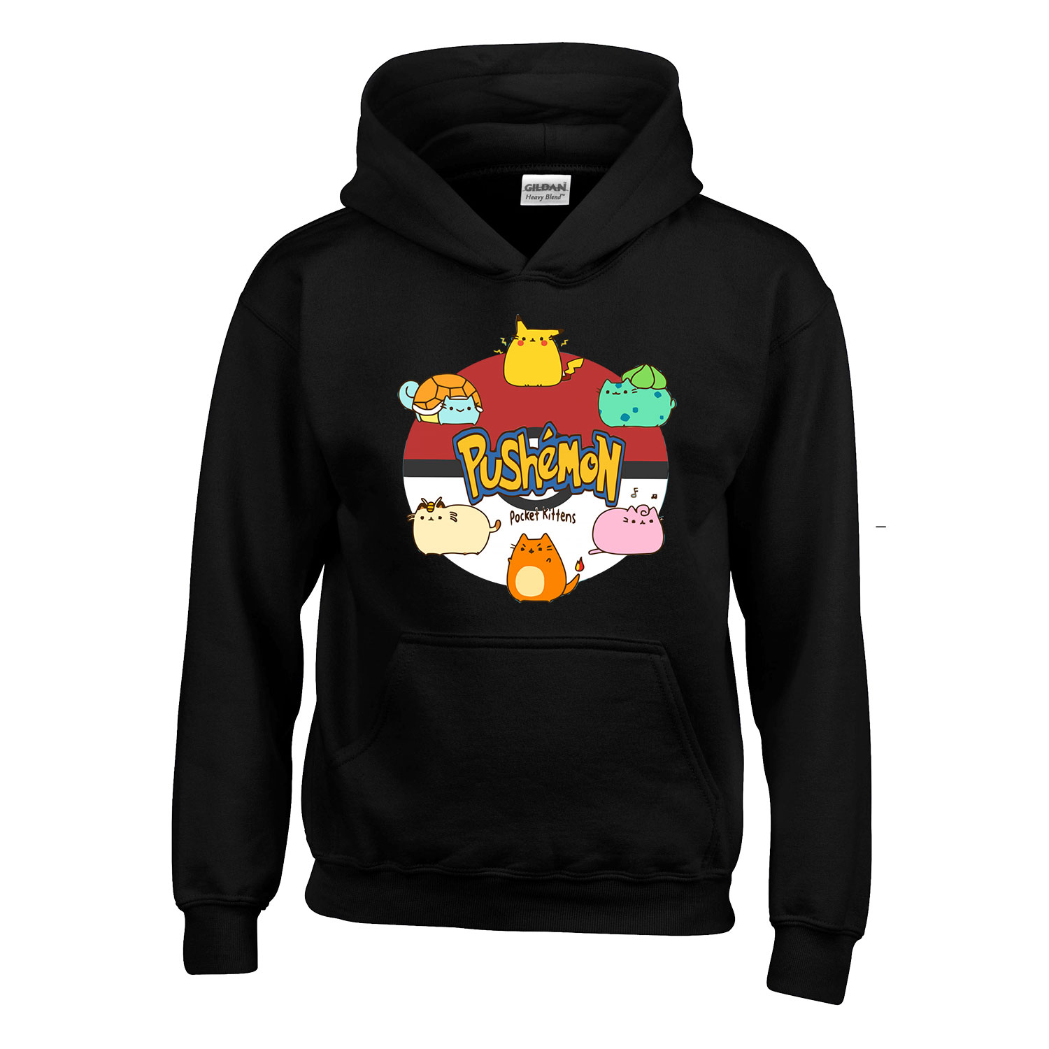 pokemon pusheen macska macskás Fekete Gyerek Kapucnis Pulóver