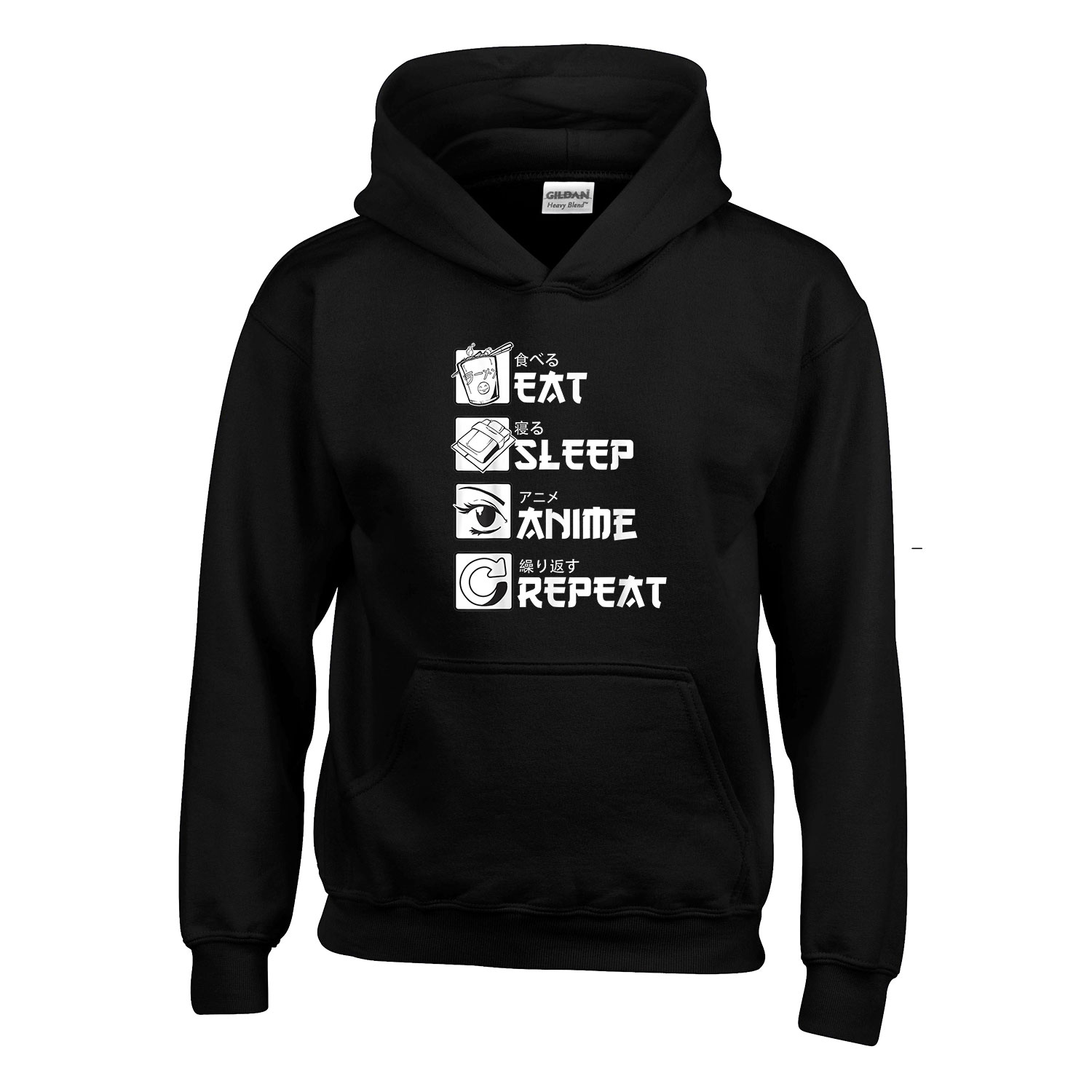 eat sleep anime Fekete Gyerek Kapucnis Pulóver