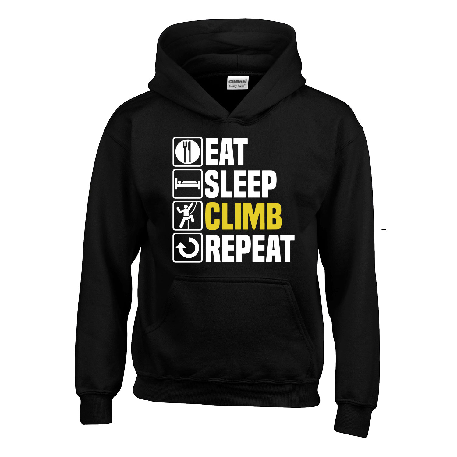 eat sleep climb hegymászás hegymászó Fekete Gyerek Kapucnis Pulóver