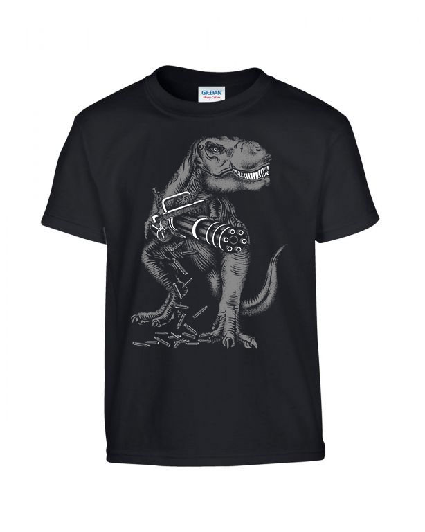 t-rex dino dinosaurus machine gun gépfegyver Fekete Gyerek Póló