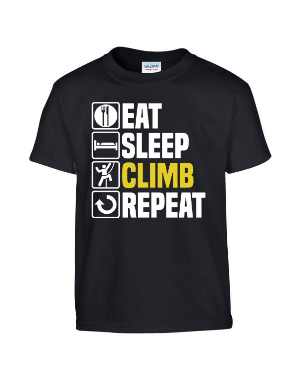 eat sleep climb hegymászás hegymászó Fekete Gyerek Póló